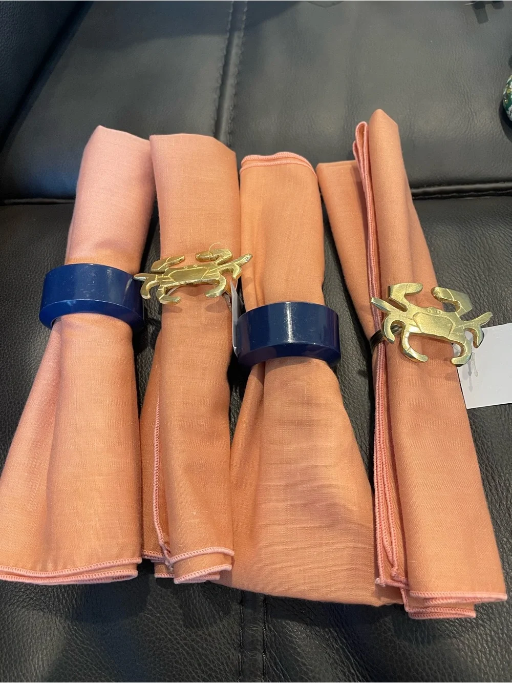 Set of 4 Coral Pink Fabric Napkins with Navy & Gold Napkin Rings